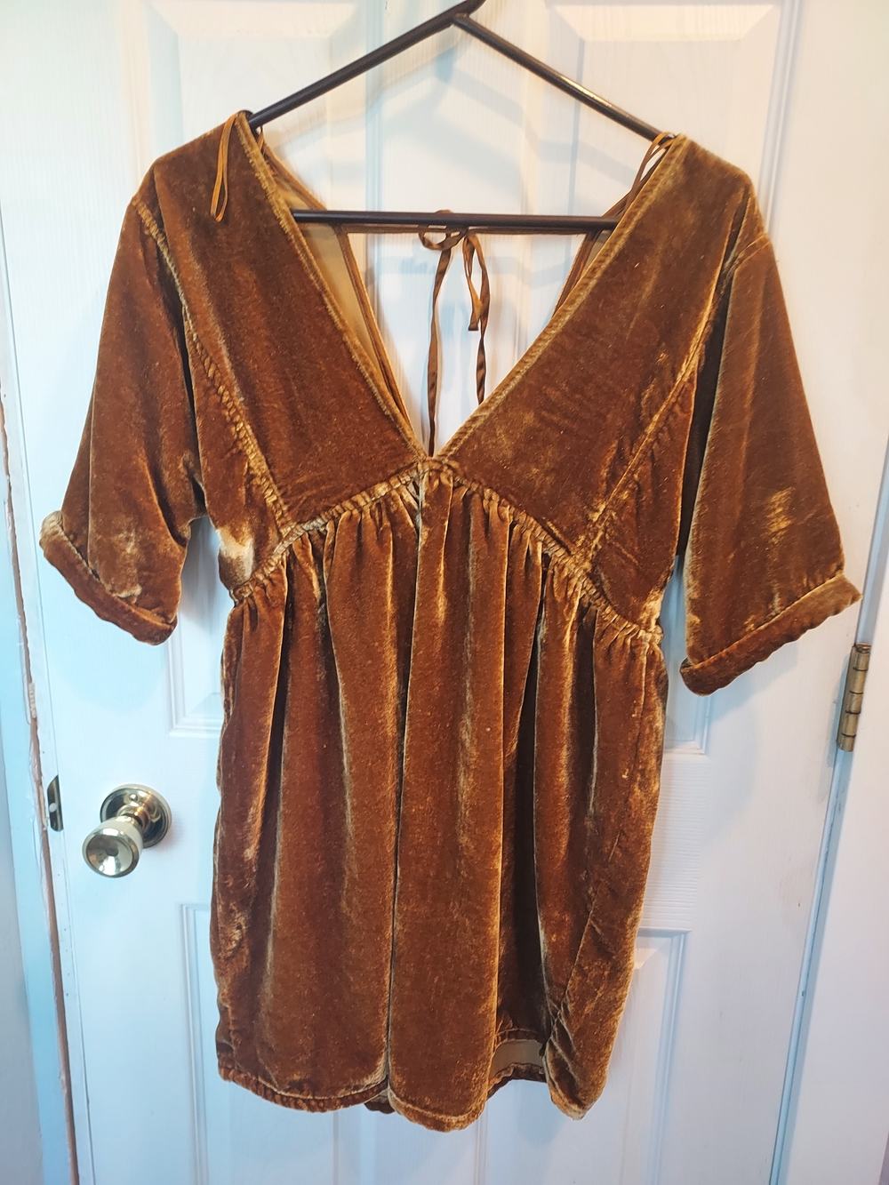 Free People Velvet V-Neck Tie-Back Mini Dress in Dijon Gold/Bronze